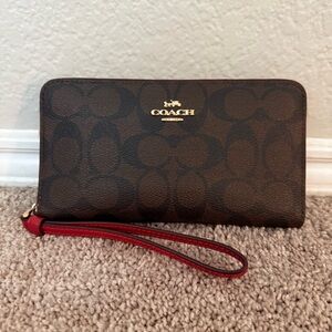 Coach Signature PVC Zip Around Wallet Brown Red Long Wristlet Clutch
